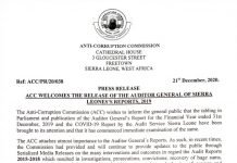 ACC WELCOMES THE RELEASE OF THE AUDITOR GENERAL OF SIERRA LEONE’S REPORTS, 2019 ACC WELCOMES THE RELEASE OF THE AUDITOR GENERAL OF SIERRA LEONE'S REPORTS, 2019