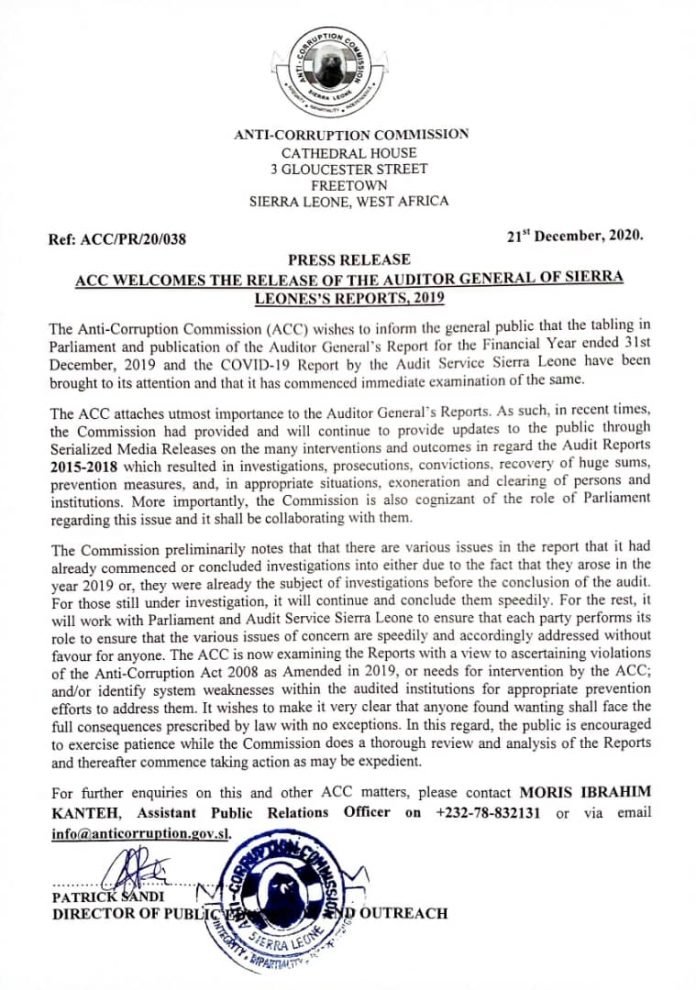 ACC WELCOMES THE RELEASE OF THE AUDITOR GENERAL OF SIERRA LEONE'S REPORTS, 2019