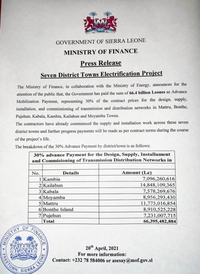 Le 66.4 Billion Leones Disbursed to Contractors of 'Seven District Towns Electrification' Project