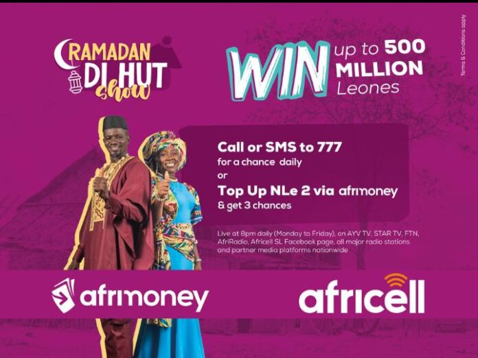 As part of its annual support to its esteemed subscribers during the holy month of Ramadan, the leading Mobile Network Service provider, Africell Mobile Company has on Thursday 23rd March 2023, officially commenced this year’s Ramadan Show that is dubbed ‘Di Hut Show’. The show is broadcast live on the Africa Young Voices Television and linked with Star Television, Freetown Television Network, AfriRadio, Africell-SL Facebook page and all major radio stations and partner media platforms nationwide, every week from Monday to Friday starting at 8pm daily. Explaining the model of this year’s Ramadan show, the anchors of the show, Mr. Abdulai Jalloh aka Tamba B. and Nancy L. Toure narrated to viewers that, Africell Mobile Company believes in supporting the people of Sierra Leone by bringing exciting programs that are beneficial to its subscribers. The media maestros added that, this year’s Ramadan show, the management of Afrcell Mobile Company has decided to hold the show as a form of giving back to Sierra Leoneans cross the country; especially those that are fasting in this holy month of Ramadan. The widely acclaimed Tamba B. and Nancy L. Toure explained further that, Africell Mobile Company is not only promoting their value-added services in the country but they are also bringing innovative promotions to their lovely subscribers by giving them the opportunity to become millionaires and also win other attractive prizes in the Ramadan Show. Nancy L. Toure stated further that, only Africell’s subscribers will have the opportunity to be part of the show and stand a chance of winning millions of leones daily in the ‘Ramadan DI Hut Show’ by calling or sending a blank SMS to 777 which cost 65 cent and will be refunded back in form of On-Net credit valid for 24hrs. “Dial *161# and use #AfriMoney to double your chances when you buy Airtime, Data, 4G Unlimited Bundle, Ya! Special Offer or Ya! Remix Offer,” said Nancy, adding by urging their subscribers to make good use of the opportunity and be part of the show as up to 500 thousand new leones is up for grabs. Tamba B. added by encouraging their lovely subscribers to participate in the show and stand a chance of winning attractive prizes, emphasizing that, the show has been highly praised for its level of transparency and fairness. He further stated that any subscriber that recharges NLe 2 via Afrimoney, automatically gets 3 chances in the show. “The more he/she recharges the more chances he/she will get in the show,” Tamba B. informs viewers, stating further by assuring their subscribers that this year’s Ramadan Show lots of attractive prizes are there for their subscribers to win. The media maestros, Tamba B. and Nancy L. Toure called on those that don’t have Afrimoney accounts to do so now and grab the opportunity of winning smart prizes in the show. Before the climaxed of the pogramme, many Africell’s subscribers won attractive prizes and the program will continue till the end of Ramadan.
